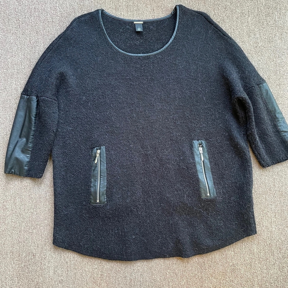 Chicos Black Label Black Wool Sweater With Faux Leather Trim